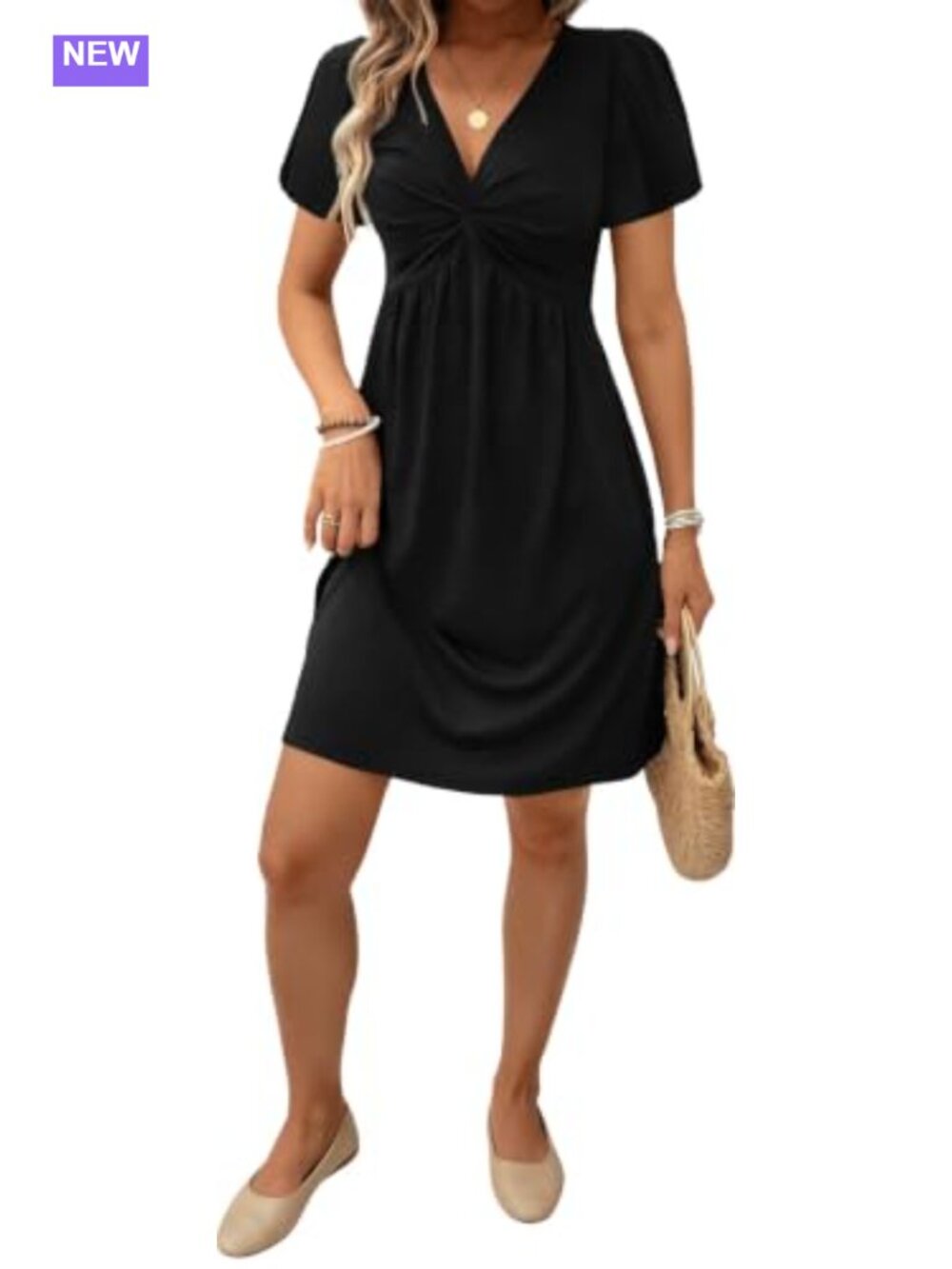 Twist Front V-Neck Mini Dress Short Sleeve A-Line Casual Summer